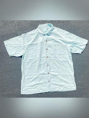 Tommy Bahama 100% silk men's shirt light blue embroidered palm tree Size L